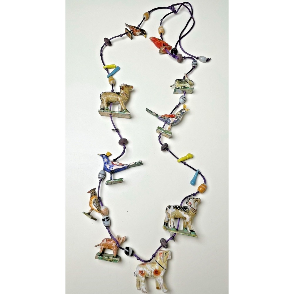 Vtg Handcrafted Necklace Clay Hand Painted Animals Ceramic Beads Folk Art Birds
